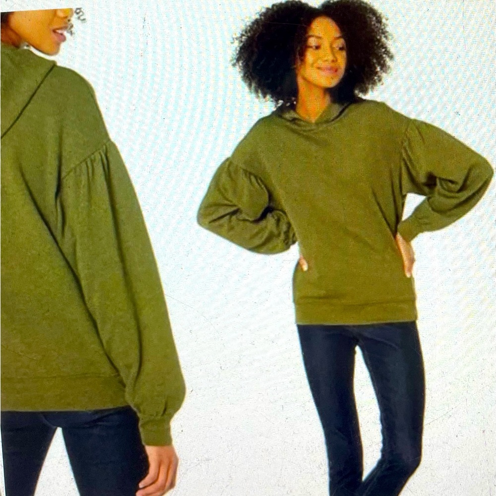Madewell olive green pleat balloon sleeves cotton hoodie sweatshirt, size XS